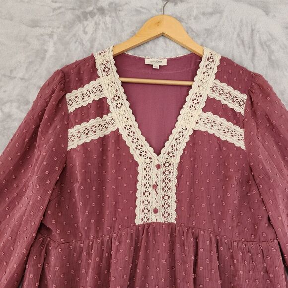 Umgee Dress Womens Large Crotched Lace Puff Sleeve Babydoll Mini Swiss Dot - Picture 2 of 10